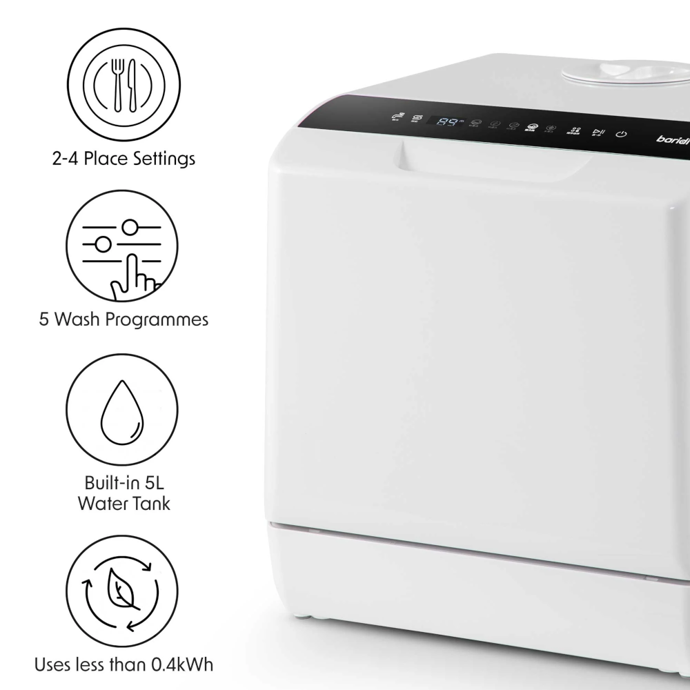 Baridi DH224A Mini Portable Tabletop Counter Dishwasher, 5 Litre Capacity, 2-4 Place Settings, 5 Programmes, White