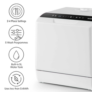 Baridi DH224A Mini Portable Tabletop Counter Dishwasher, 5 Litre Capacity, 2-4 Place Settings, 5 Programmes, White