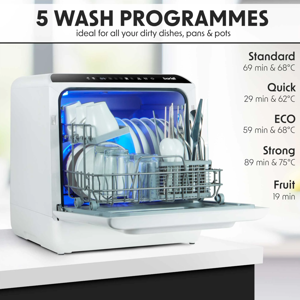 Baridi DH224A Mini Portable Tabletop Counter Dishwasher, 5 Litre Capacity, 2-4 Place Settings, 5 Programmes, White