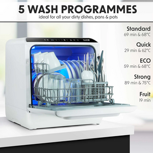 Baridi DH224A Mini Portable Tabletop Counter Dishwasher, 5 Litre Capacity, 2-4 Place Settings, 5 Programmes, White