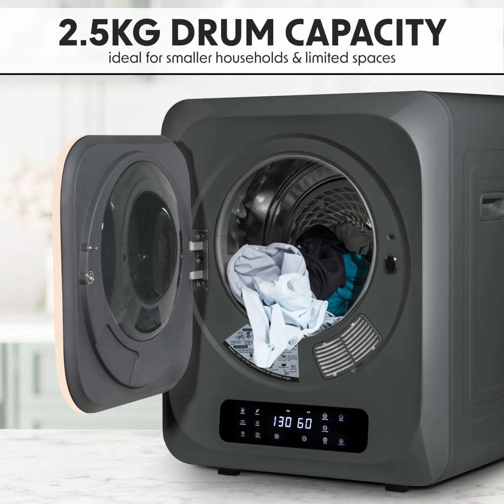 Baridi DH229 Portable Table Counter Top Mini Tumble Dryer, 2.5kg Drum Capacity, 6 Functions, Digital Controls, Black