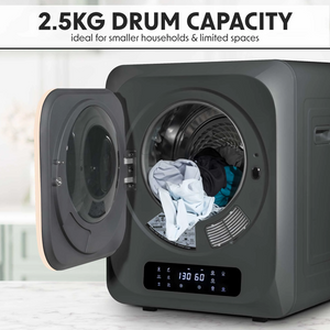 Baridi DH229 Portable Table Counter Top Mini Tumble Dryer, 2.5kg Drum Capacity, 6 Functions, Digital Controls, Black