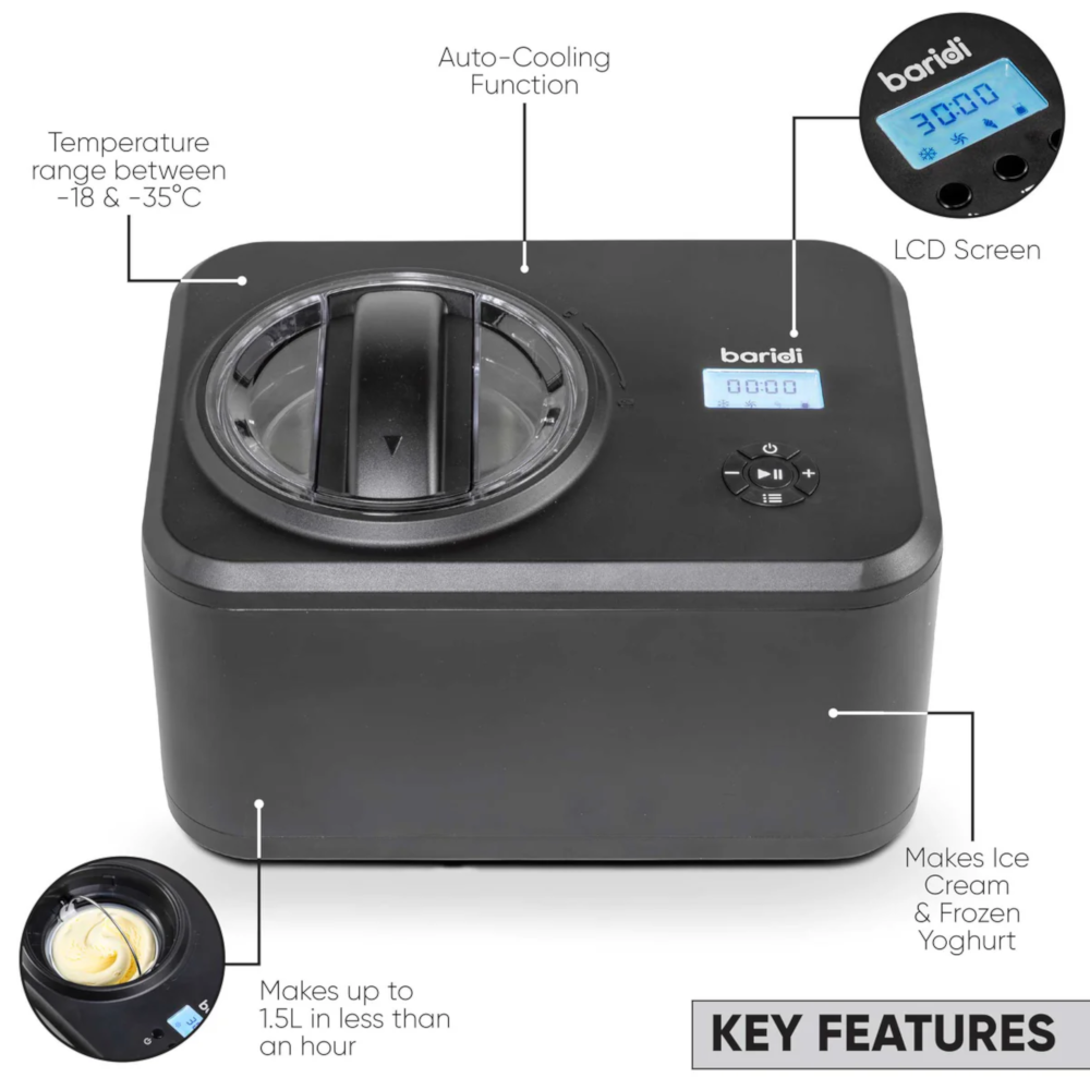 Baridi DH240 Automatic Churning Ice Cream Maker Machine with Fast Freeze Compressor Cooling, 1.5 Litre Capacity, Black