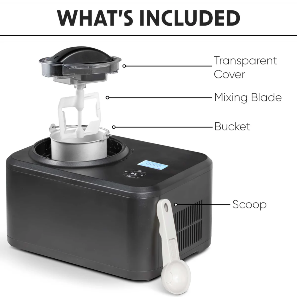 Baridi DH240 Automatic Churning Ice Cream Maker Machine with Fast Freeze Compressor Cooling, 1.5 Litre Capacity, Black