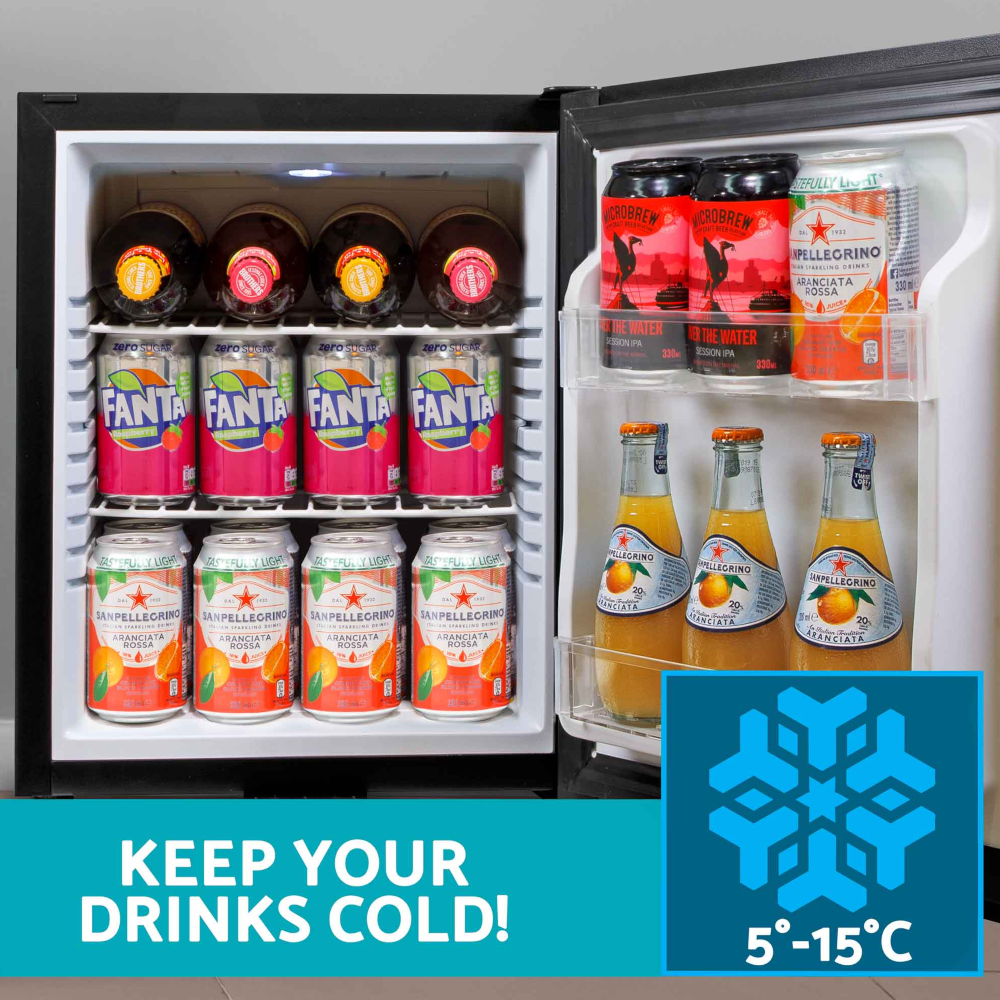 Baridi DH57 Freestanding Ultra Quiet Drinks, Beer and Wine Mini Cooler Fridge with LED Light, 25 Litre Capacity, Black
