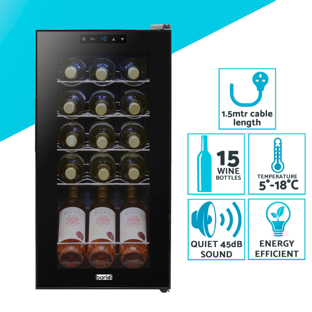 Baridi DH5 Wine Cooler Fridge with Digital Touchscreen Controls, LED Light, 15 Bottle Capacity, Black