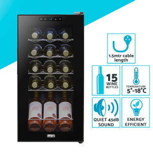 Baridi DH5 Wine Cooler Fridge with Digital Touchscreen Controls, LED Light, 15 Bottle Capacity, Black