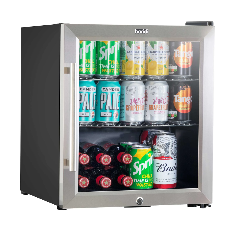 Baridi DH75 Table Top Freestanding Drinks, Beer and Wine Mini Cooler Fridge with LED Light, 50 Litre Capacity, Stainless Steel