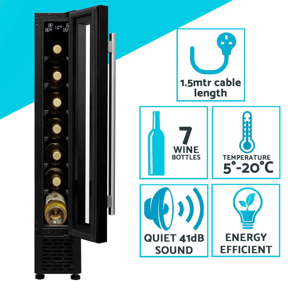 Baridi DH76 Slim Wine Cooler Fridge with Digital Touchscreen Controls, LED Light, 7 Bottle Capacity, Black