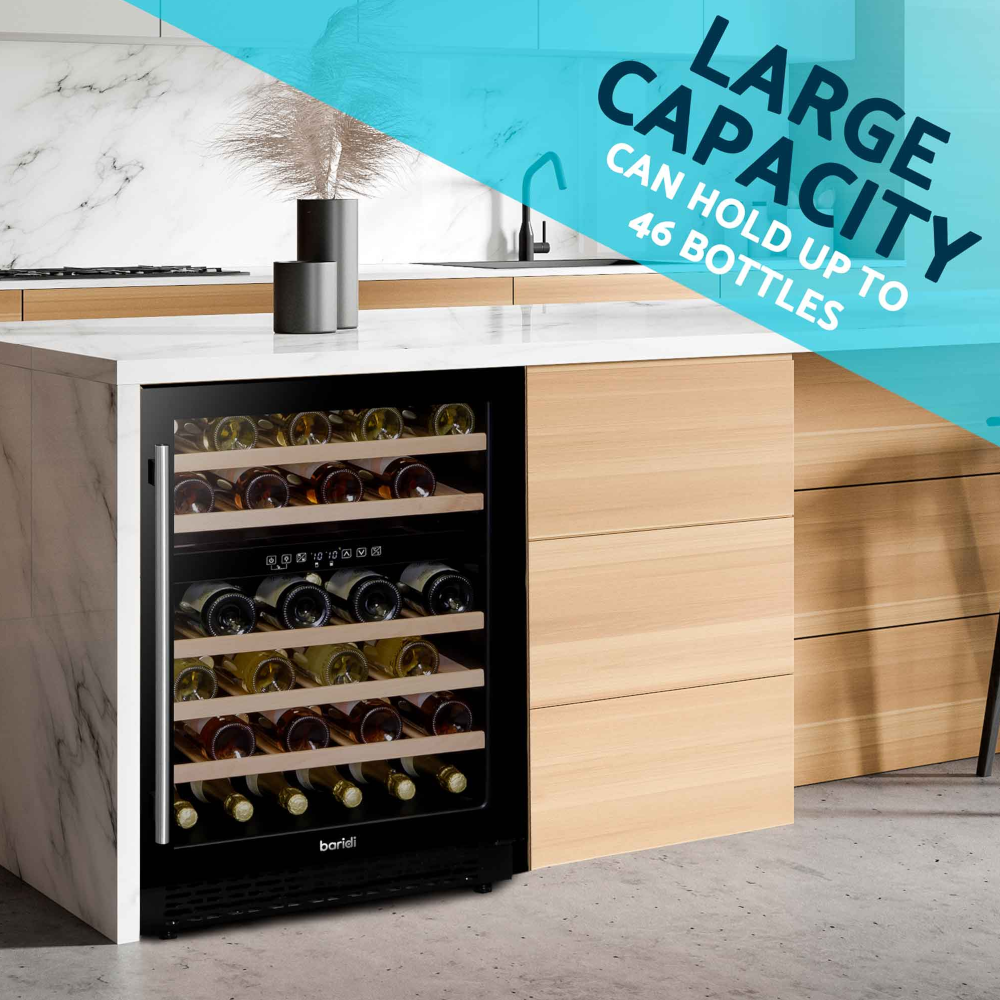 Baridi DH79 Dual Zone Wine Cooler Fridge with Digital Touchscreen Controls, LED Light, 46 Bottle Capacity, Black
