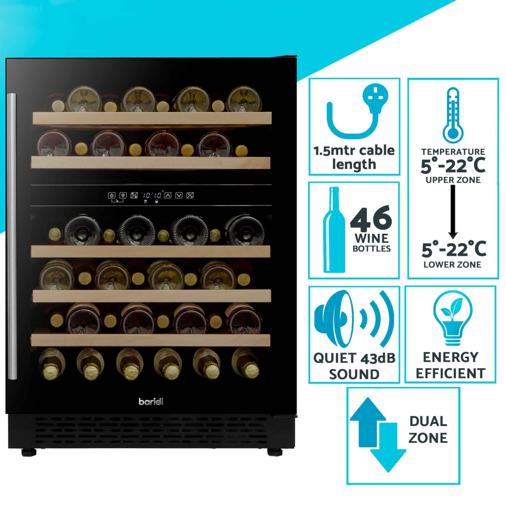 Baridi DH79 Dual Zone Wine Cooler Fridge with Digital Touchscreen Controls, LED Light, 46 Bottle Capacity, Black
