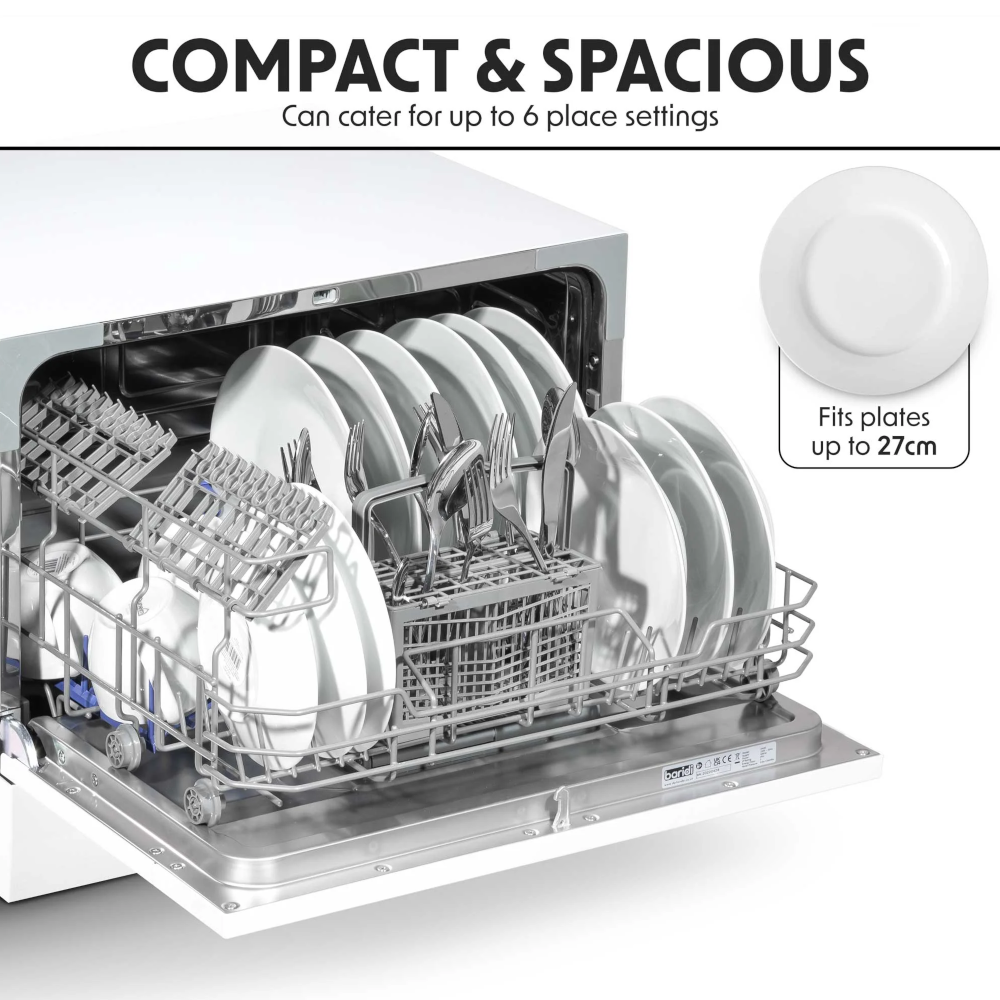 Baridi DH83 Compact Tabletop Counter Dishwasher, 6.5 Litre Capacity, 6 Place Settings, 6 Programmes, White