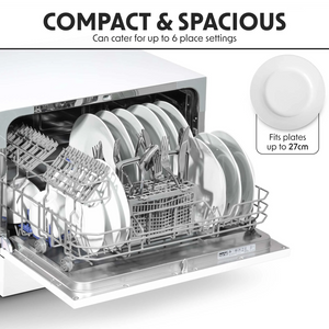 Baridi DH83 Compact Tabletop Counter Dishwasher, 6.5 Litre Capacity, 6 Place Settings, 6 Programmes, White