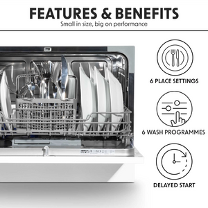 Baridi DH83 Compact Tabletop Counter Dishwasher, 6.5 Litre Capacity, 6 Place Settings, 6 Programmes, White