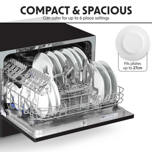 Baridi DH85 Compact Tabletop Counter Dishwasher, 6.5 Litre Capacity, 6 Place Settings, 6 Programmes, Black