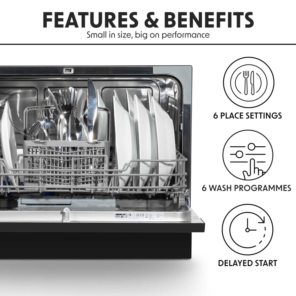 Baridi DH85 Compact Tabletop Counter Dishwasher, 6.5 Litre Capacity, 6 Place Settings, 6 Programmes, Black