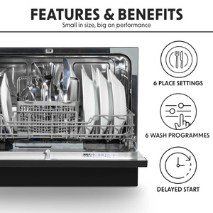 Baridi DH85 Compact Tabletop Counter Dishwasher, 6.5 Litre Capacity, 6 Place Settings, 6 Programmes, Black