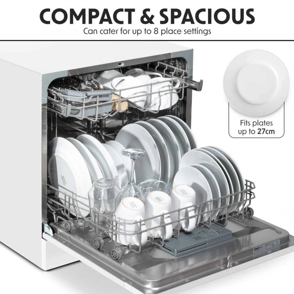 Baridi DH86 Compact Tabletop Counter Dishwasher, 8 Litre Capacity, 8 Place Settings, 6 Programmes, White