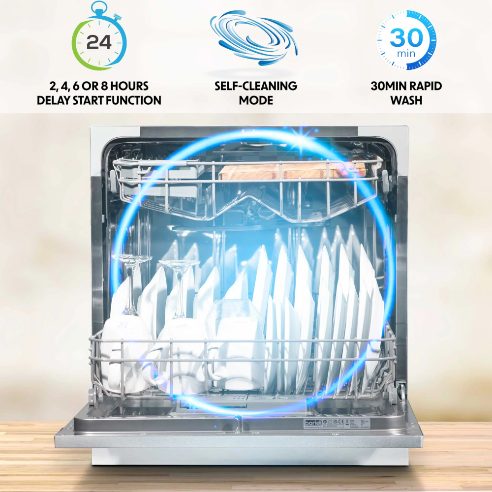 Baridi DH86 Compact Tabletop Counter Dishwasher, 8 Litre Capacity, 8 Place Settings, 6 Programmes, White