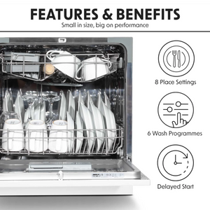 Baridi DH86 Compact Tabletop Counter Dishwasher, 8 Litre Capacity, 8 Place Settings, 6 Programmes, White