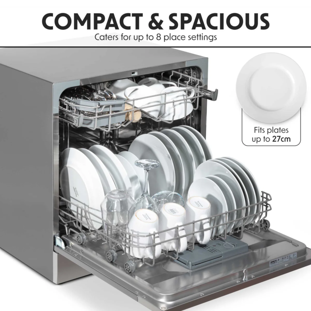 Baridi DH87 Compact Tabletop Counter Dishwasher, 8 Litre Capacity, 8 Place Settings, 6 Programmes, Silver