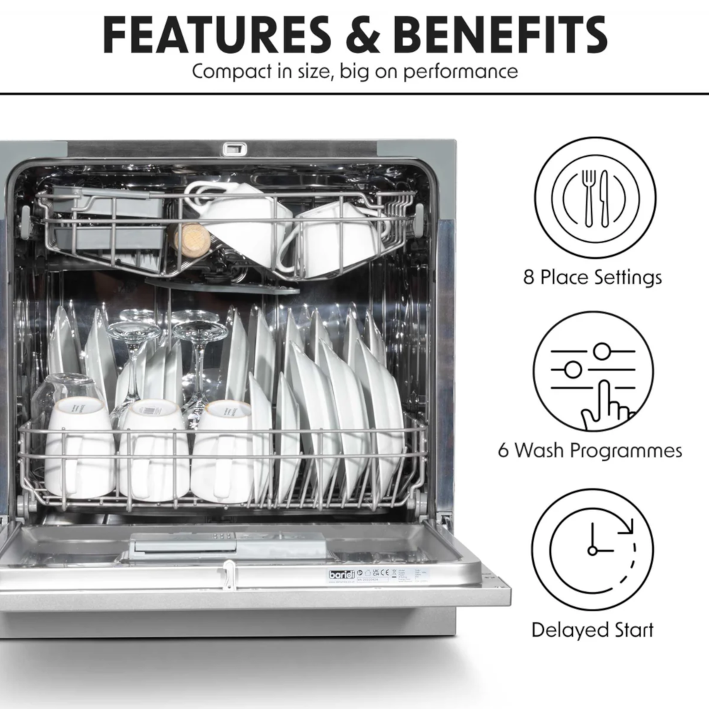 Baridi DH87 Compact Tabletop Counter Dishwasher, 8 Litre Capacity, 8 Place Settings, 6 Programmes, Silver