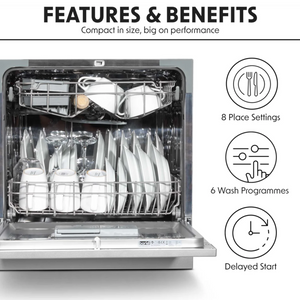 Baridi DH87 Compact Tabletop Counter Dishwasher, 8 Litre Capacity, 8 Place Settings, 6 Programmes, Silver