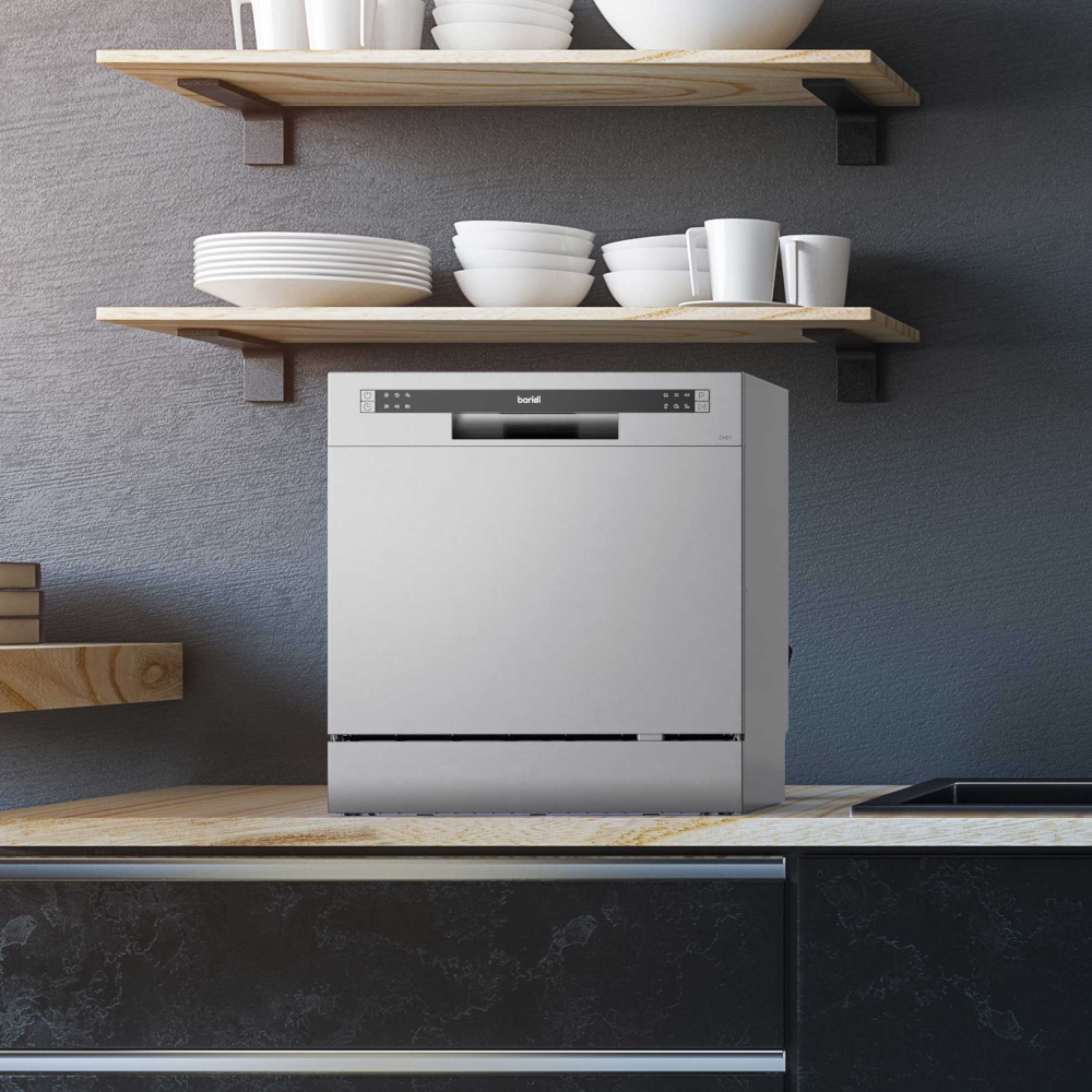 Baridi DH87 Compact Tabletop Counter Dishwasher, 8 Litre Capacity, 8 Place Settings, 6 Programmes, Silver