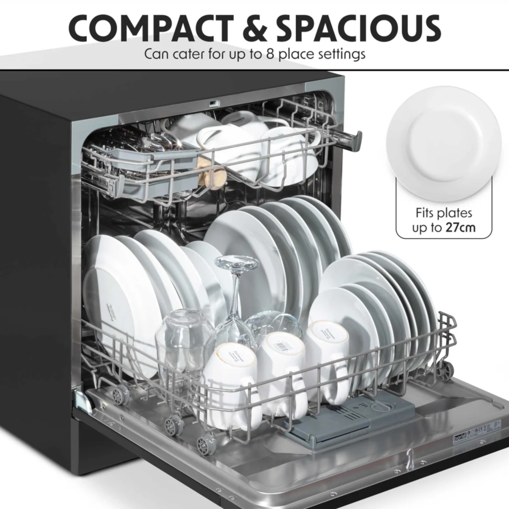 Baridi DH88 Compact Tabletop Counter Dishwasher, 8 Litre Capacity, 8 Place Settings, 6 Programmes, Black