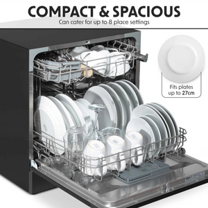 Baridi DH88 Compact Tabletop Counter Dishwasher, 8 Litre Capacity, 8 Place Settings, 6 Programmes, Black