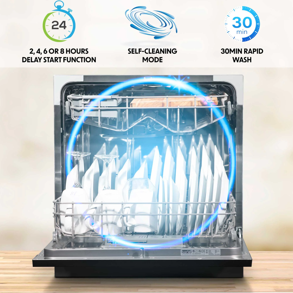 Baridi DH88 Compact Tabletop Counter Dishwasher, 8 Litre Capacity, 8 Place Settings, 6 Programmes, Black