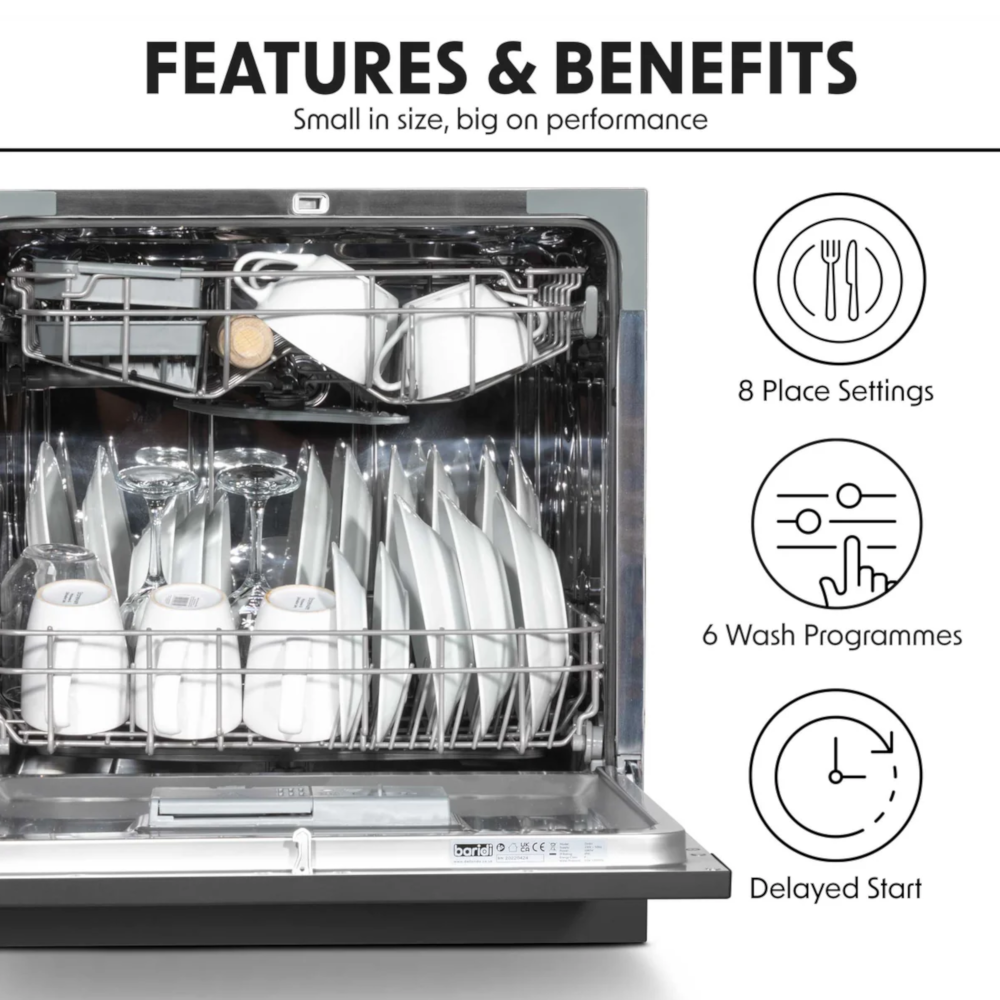 Baridi DH88 Compact Tabletop Counter Dishwasher, 8 Litre Capacity, 8 Place Settings, 6 Programmes, Black