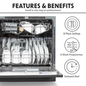 Baridi DH88 Compact Tabletop Counter Dishwasher, 8 Litre Capacity, 8 Place Settings, 6 Programmes, Black