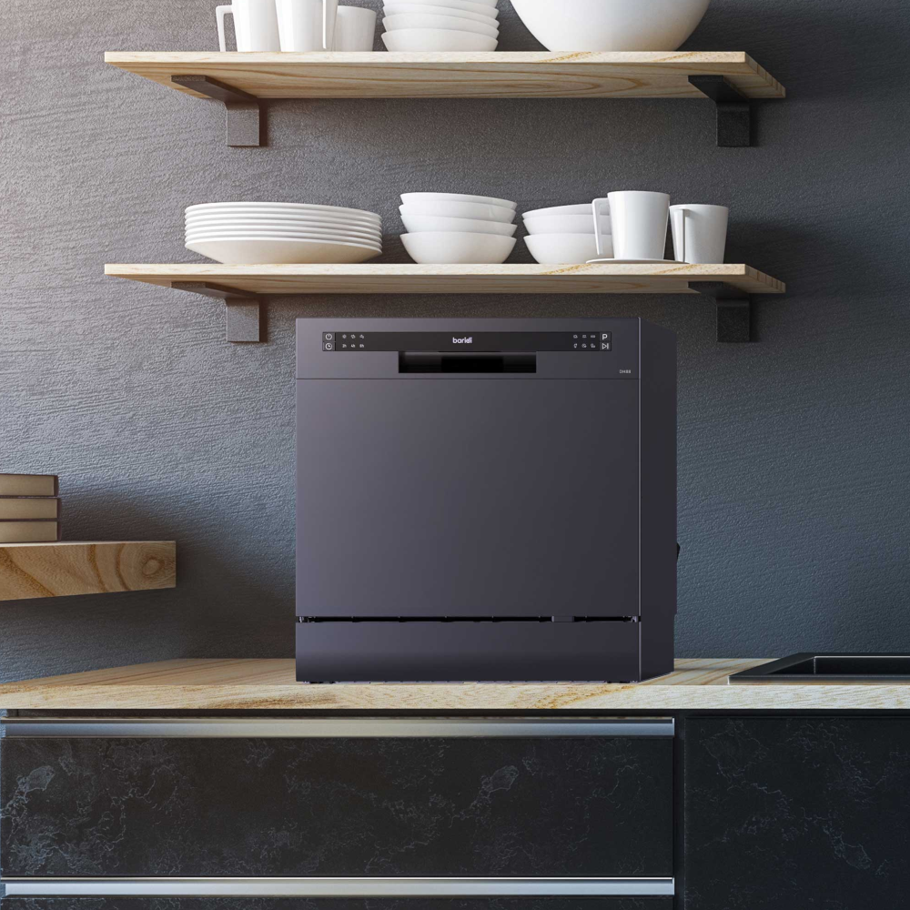 Baridi DH88 Compact Tabletop Counter Dishwasher, 8 Litre Capacity, 8 Place Settings, 6 Programmes, Black