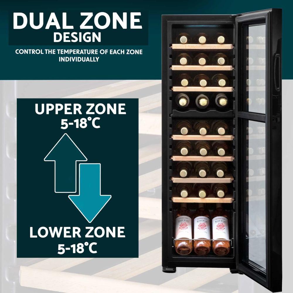 Baridi DH90 Dual Zone Wine Cooler Fridge with Digital Touchscreen Controls, LED Light, 27 Bottle Capacity, Black