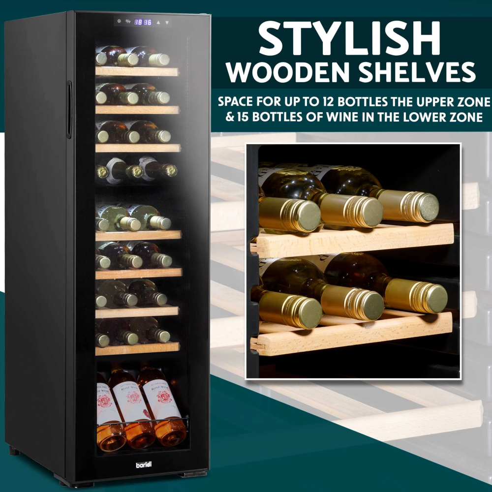 Baridi DH90 Dual Zone Wine Cooler Fridge with Digital Touchscreen Controls, LED Light, 27 Bottle Capacity, Black