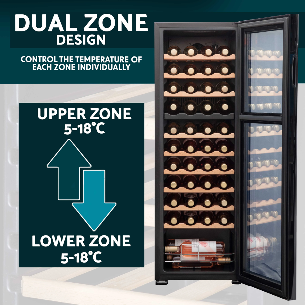 Dellonda DH93 55 Bottle Dual Zone Wine Cooler Fridge with Digital Touchscreen Controls and LED Light Black