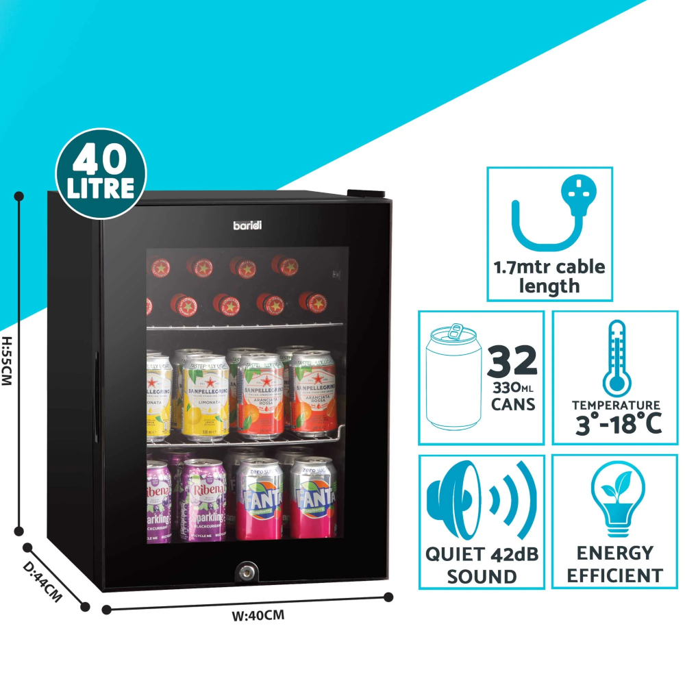 Baridi DH98 Freestanding Drinks, Beer and Wine Mini Cooler Fridge with LED Light, 40 Litre Capacity, Black