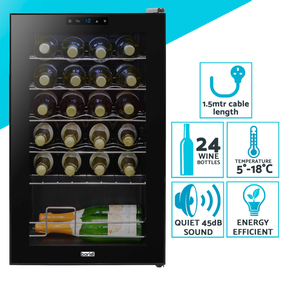 Baridi DH9 Wine Cooler Fridge with Digital Touchscreen Controls, LED Light, 24 Bottle Capacity, Black