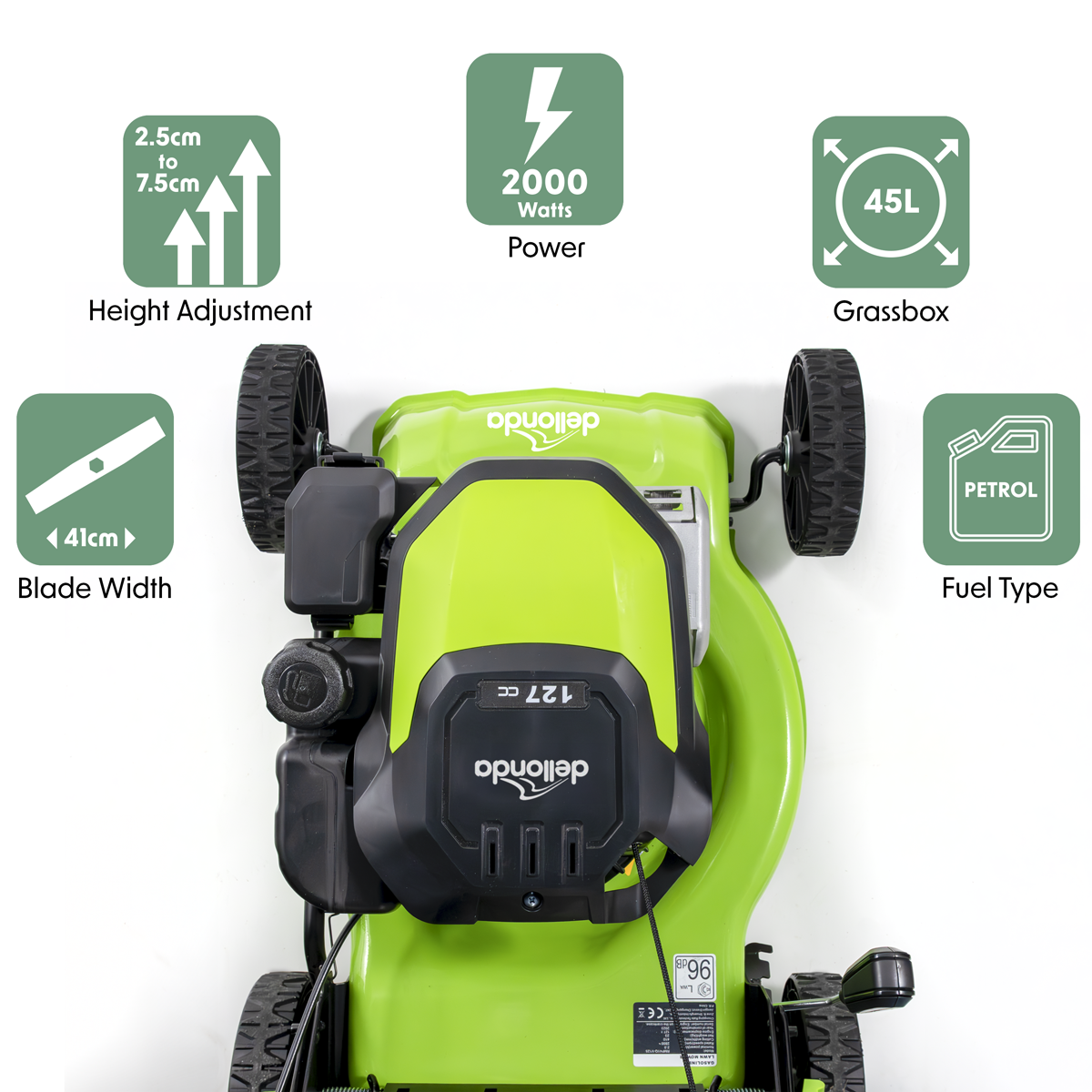 Dellonda Hand-Propelled Petrol Lawnmower, 41cm, 127cc (DG100)