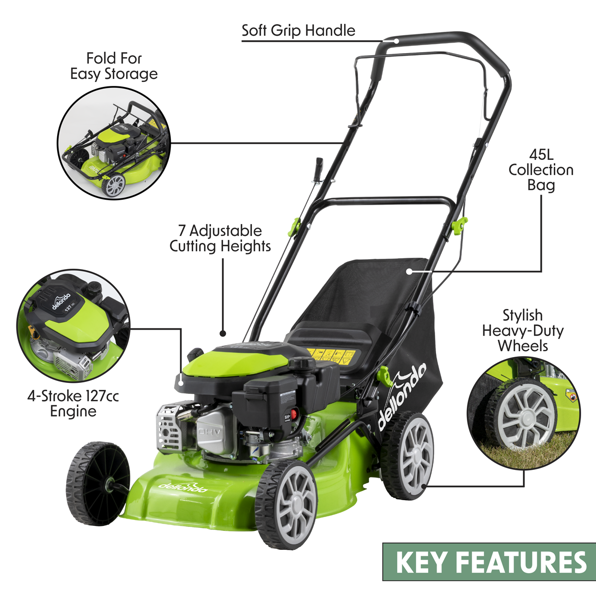 Dellonda Hand-Propelled Petrol Lawnmower, 41cm, 127cc (DG100)