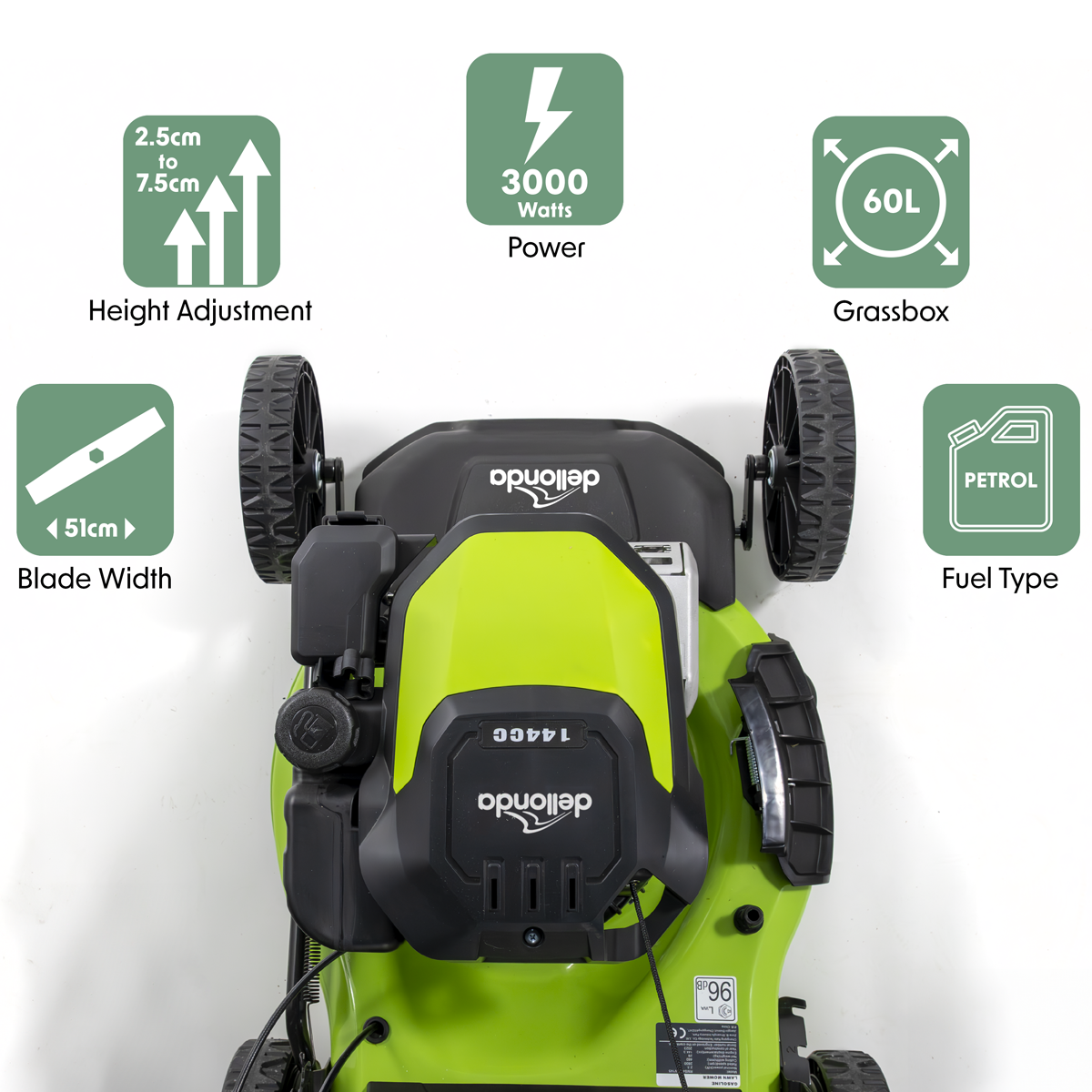 Dellonda DG101 Self-Propelled Petrol Lawnmower Grass Cutter, 18"460mm Cutting Width, 4-Stroke, 144cc