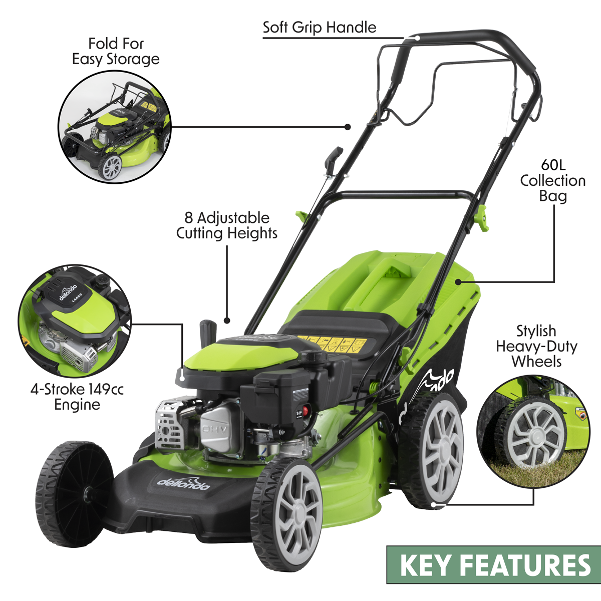 Dellonda DG101 Self-Propelled Petrol Lawnmower Grass Cutter, 18"460mm Cutting Width, 4-Stroke, 144cc