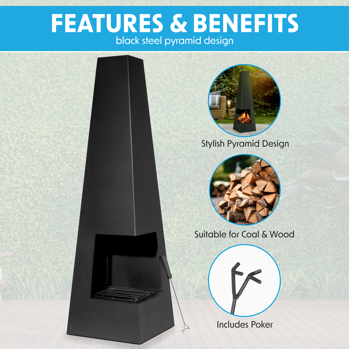 Dellonda Pyramid Outdoor Chiminea, Black Steel (DG105) (Factory Refurbished B)