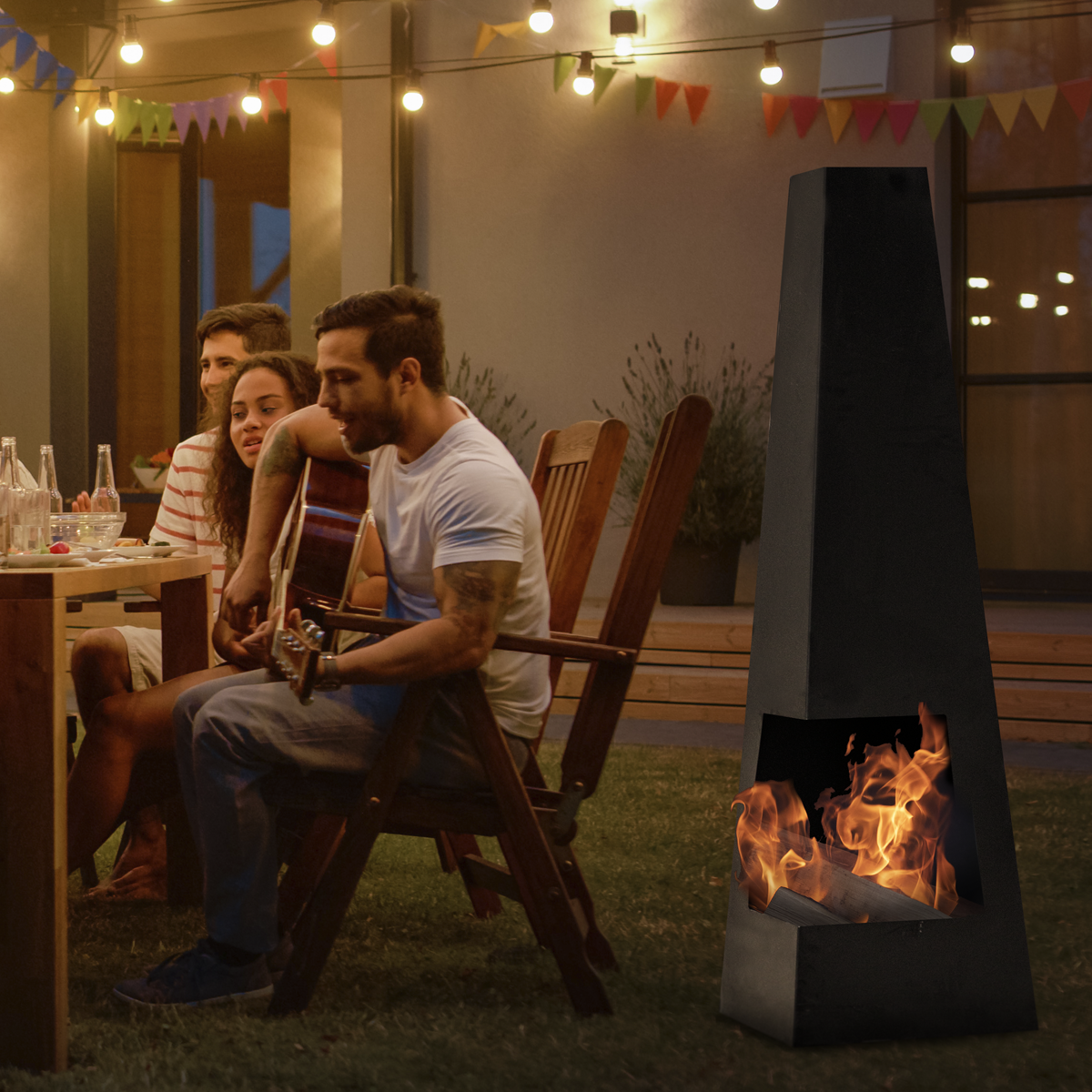 Dellonda Pyramid Outdoor Chiminea, Black Steel (DG105) (Factory Refurbished B)