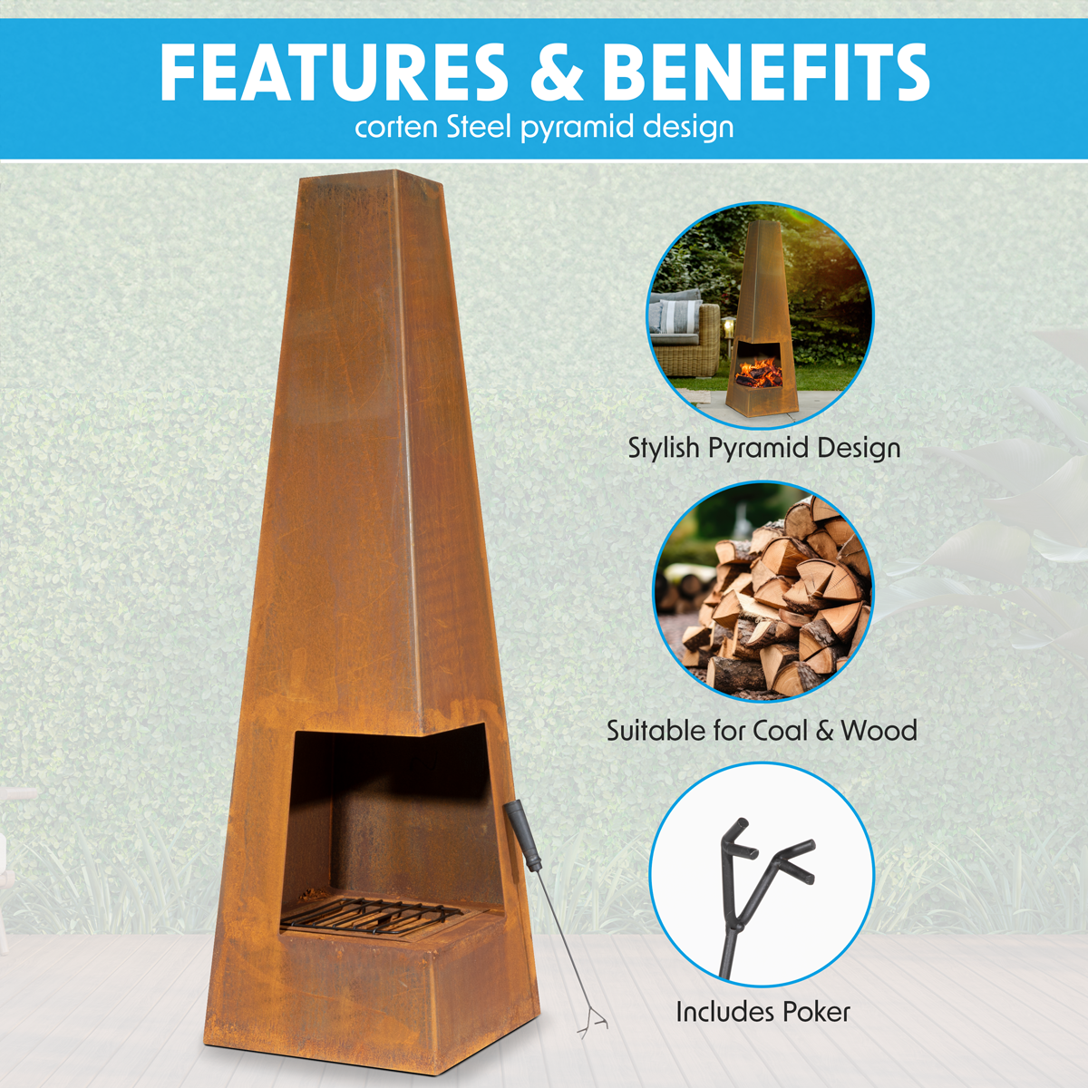 Dellonda Pyramid Outdoor Chiminea, Corten Steel (DG106) (Factory Refurbished B)