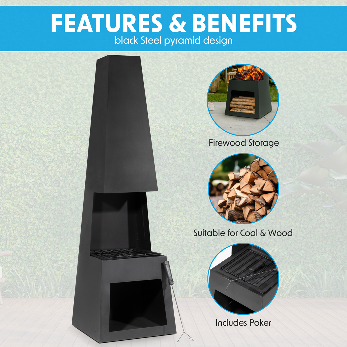Dellonda Pyramid Outdoor Chiminea with Firewood Storage Black Steel