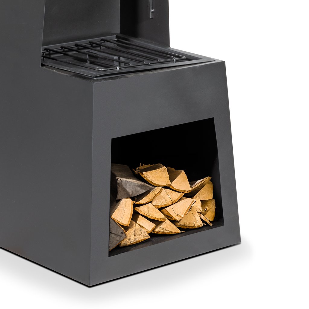 Dellonda Pyramid Outdoor Chiminea with Firewood Storage Black Steel