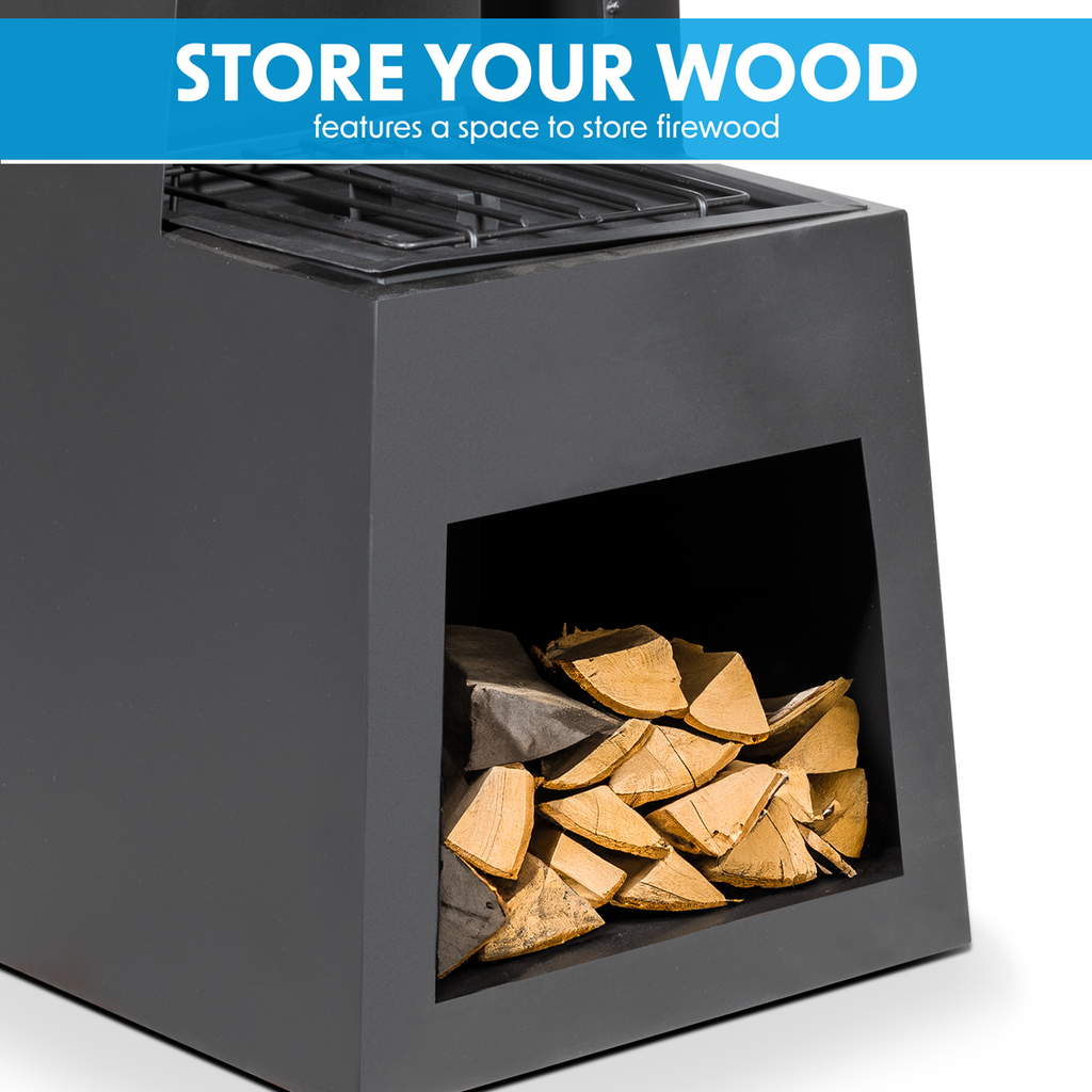 Dellonda Pyramid Outdoor Chiminea with Firewood Storage Black Steel