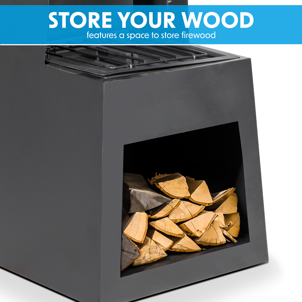 Dellonda Pyramid Outdoor Chiminea with Firewood Storage Black Steel